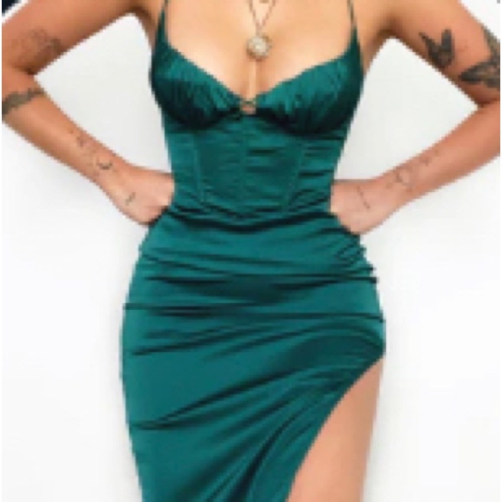 Green Satin Midi Dress with Corset